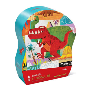 Crocodile Creek dinosaur themed 72pc jigsaw puzzle will delight all ages. The 14" x 19" puzzle has beautiful, colourful and complex illustrations. All Crocodile Creek puzzles are printed with soy-based ink on recycled cardboard. Uniquely shaped storage box is study and will keep all the pieces together when the puzzle is not in use.